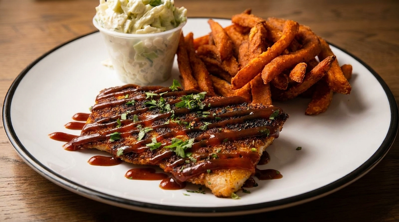Grilled chicken with BBQ sauce, sweet potato fries, and coleslaw on a white plate.