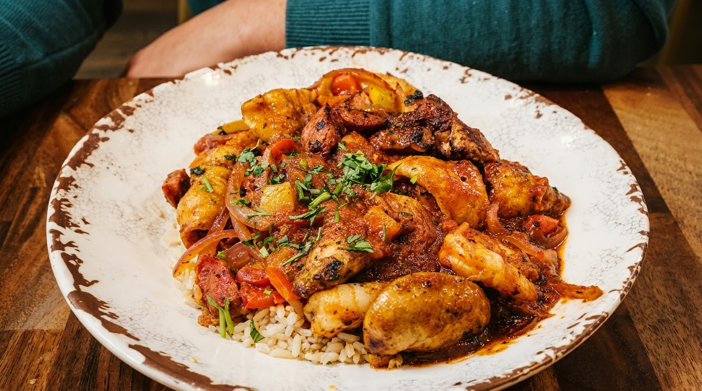 Cajun jambalaya with chicken, sausage, shrimp, and vegetables over rice on a rustic plate.