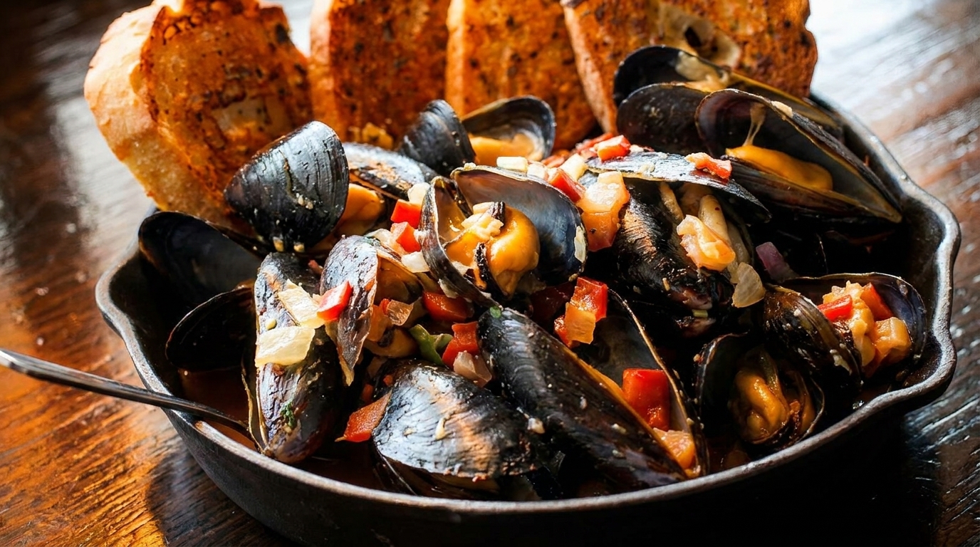 Steamed mussels with diced vegetables and toasted bread in a dark skillet on a wooden table.