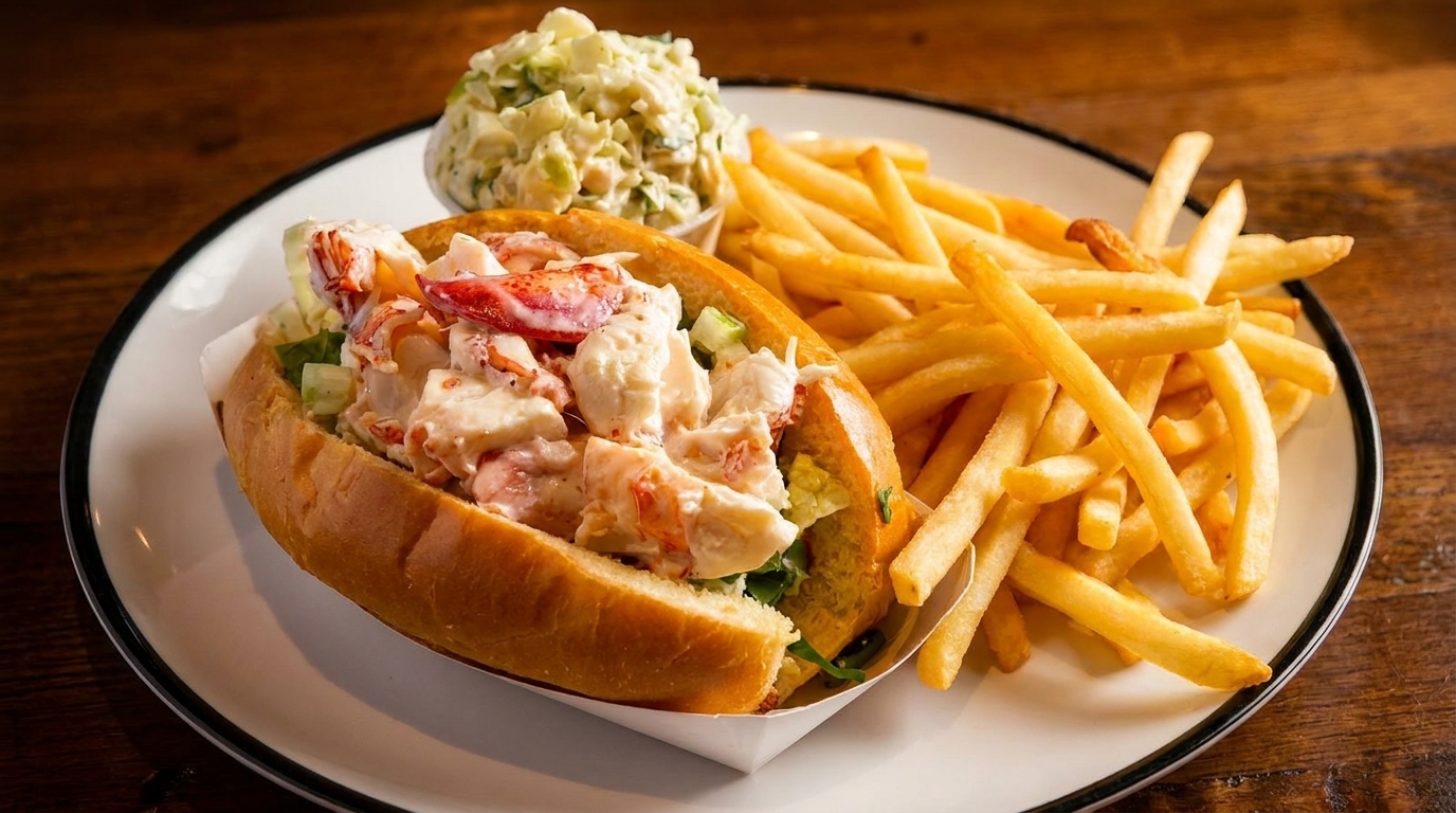 A lobster roll with fries and coleslaw on a white plate, on a wooden table.