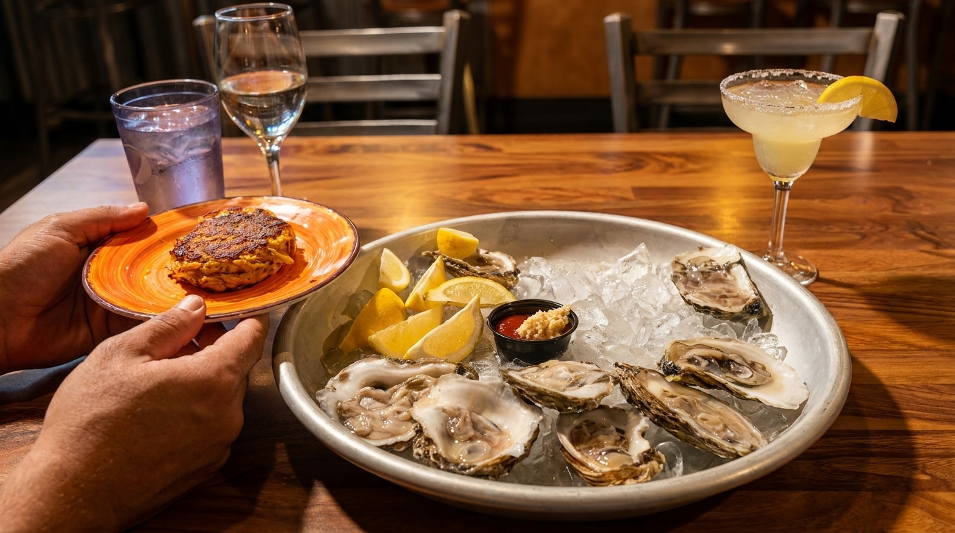 Hands holding a crab cake, with oysters on ice, drinks, and a margarita on a wooden table.