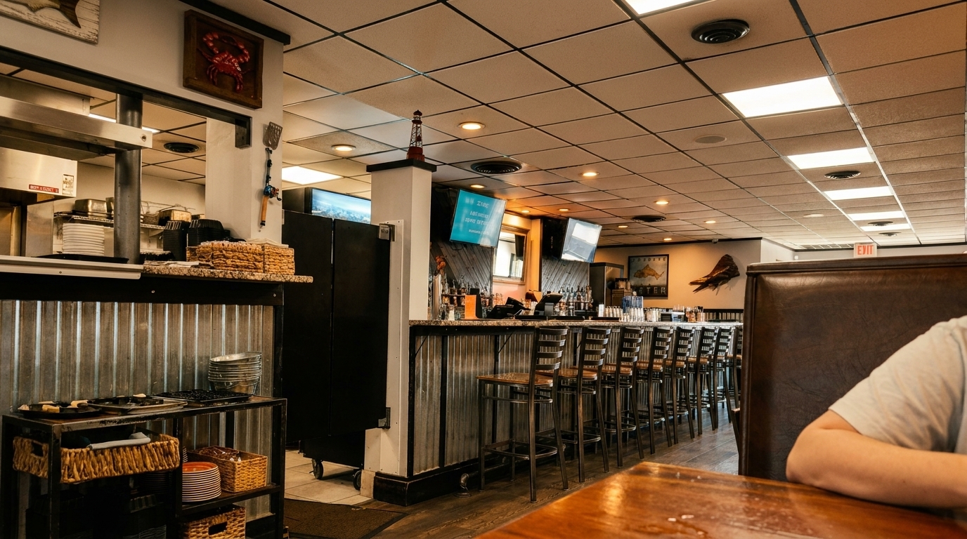 Interior view of a restaurant with a bar, kitchen pass-through, and booth seating.