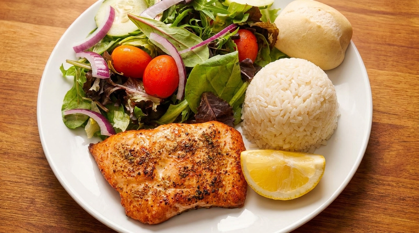 Grilled salmon with rice, a side salad, a lemon wedge, and a bread roll on a white plate.