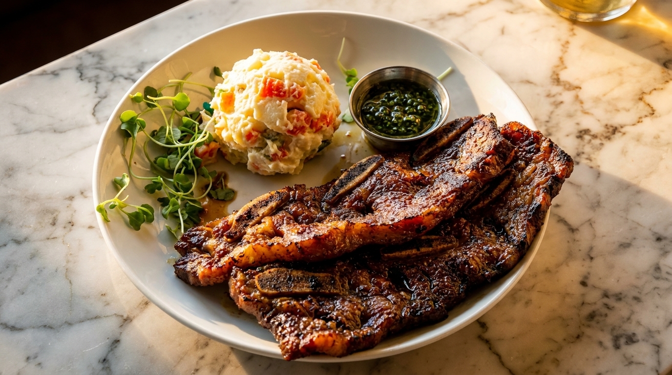 Grilled short ribs with potato salad, green sauce, and microgreens on a white plate.