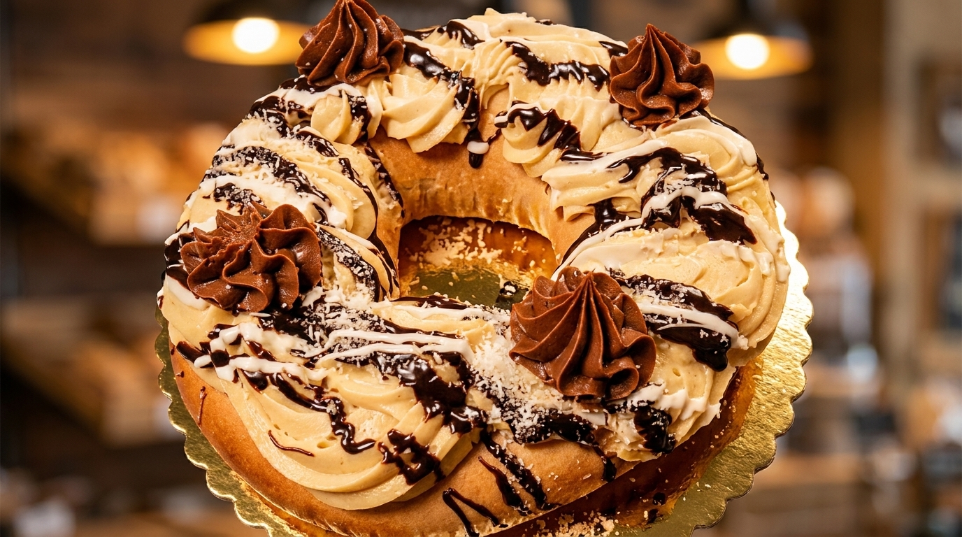 A round cake with light and dark frosting, chocolate drizzle, and coconut flakes.