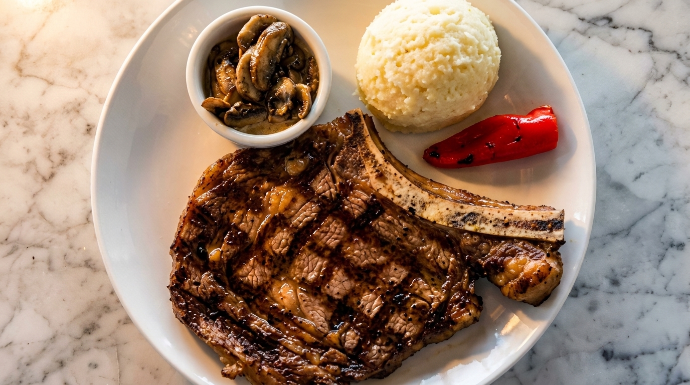Grilled bone-in steak with mashed potatoes, sautéed mushrooms, and a roasted red pepper.