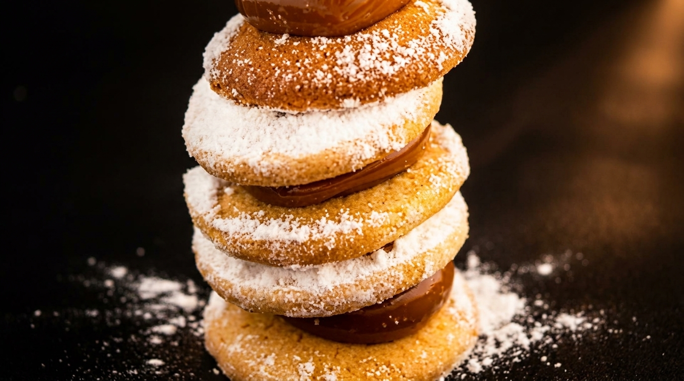 Stack of four alfajores, dulce de leche filling, dusted with powdered sugar on a dark surface.