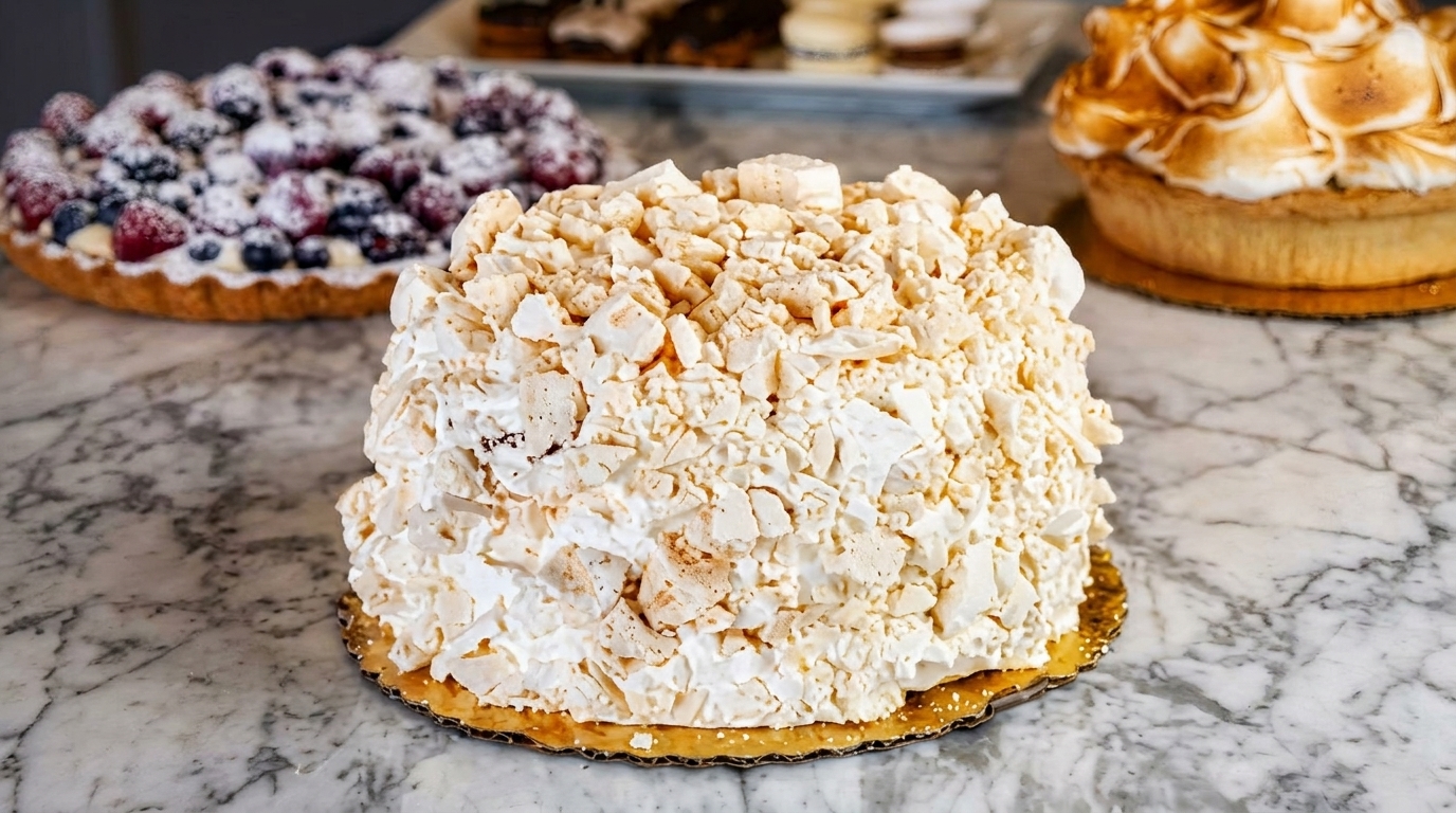 Meringue cake with a berry tart and lemon meringue pie on a marble counter.