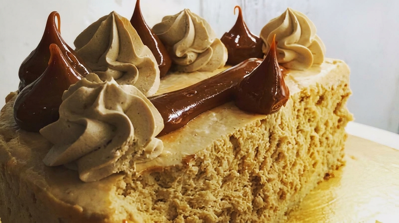 Close-up of a cheesecake with dulce de leche and coffee-flavored whipped cream swirls.