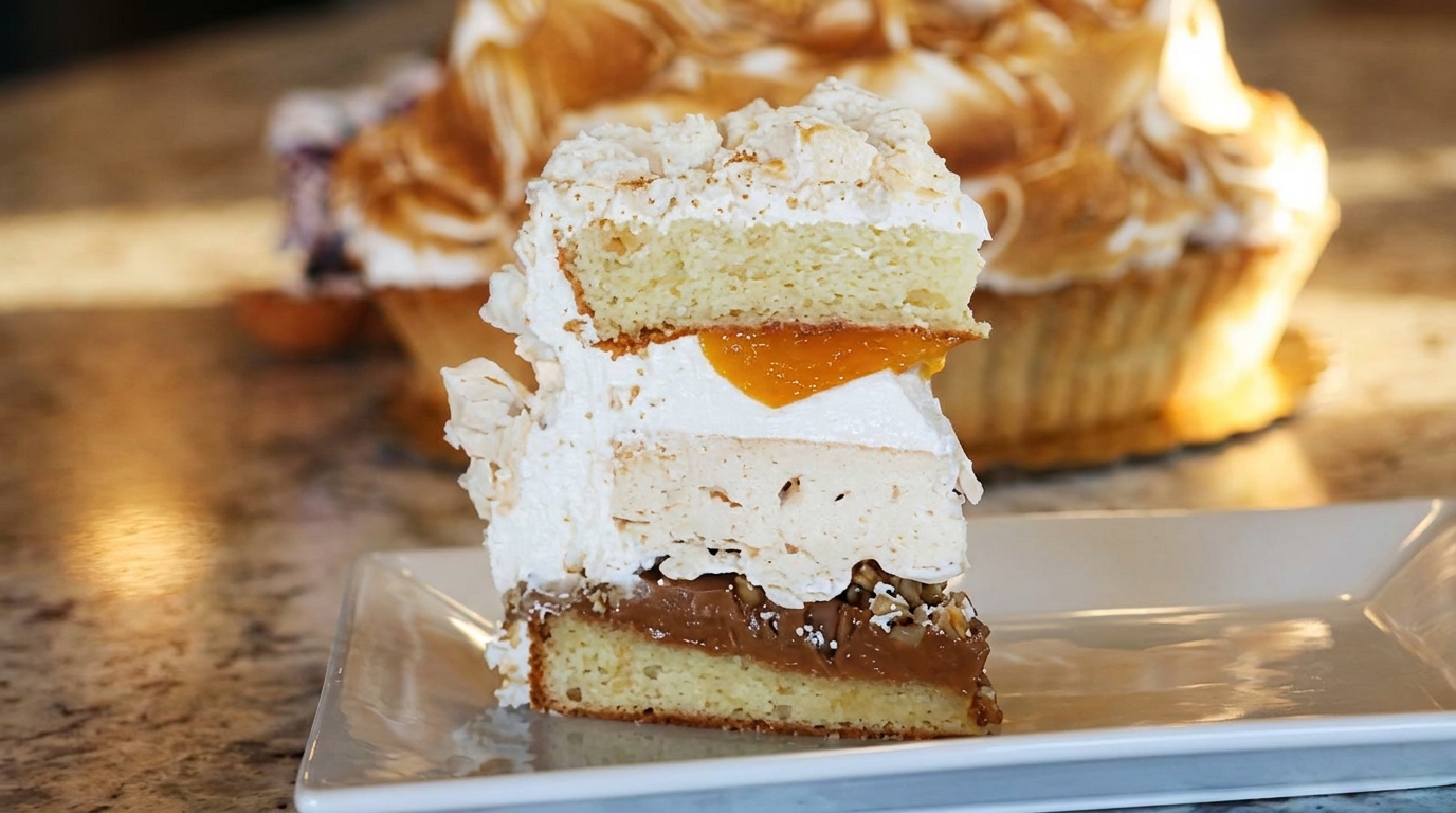 A slice of layered cake with vanilla sponge, meringue, apricot, and chocolate caramel on a white plate.