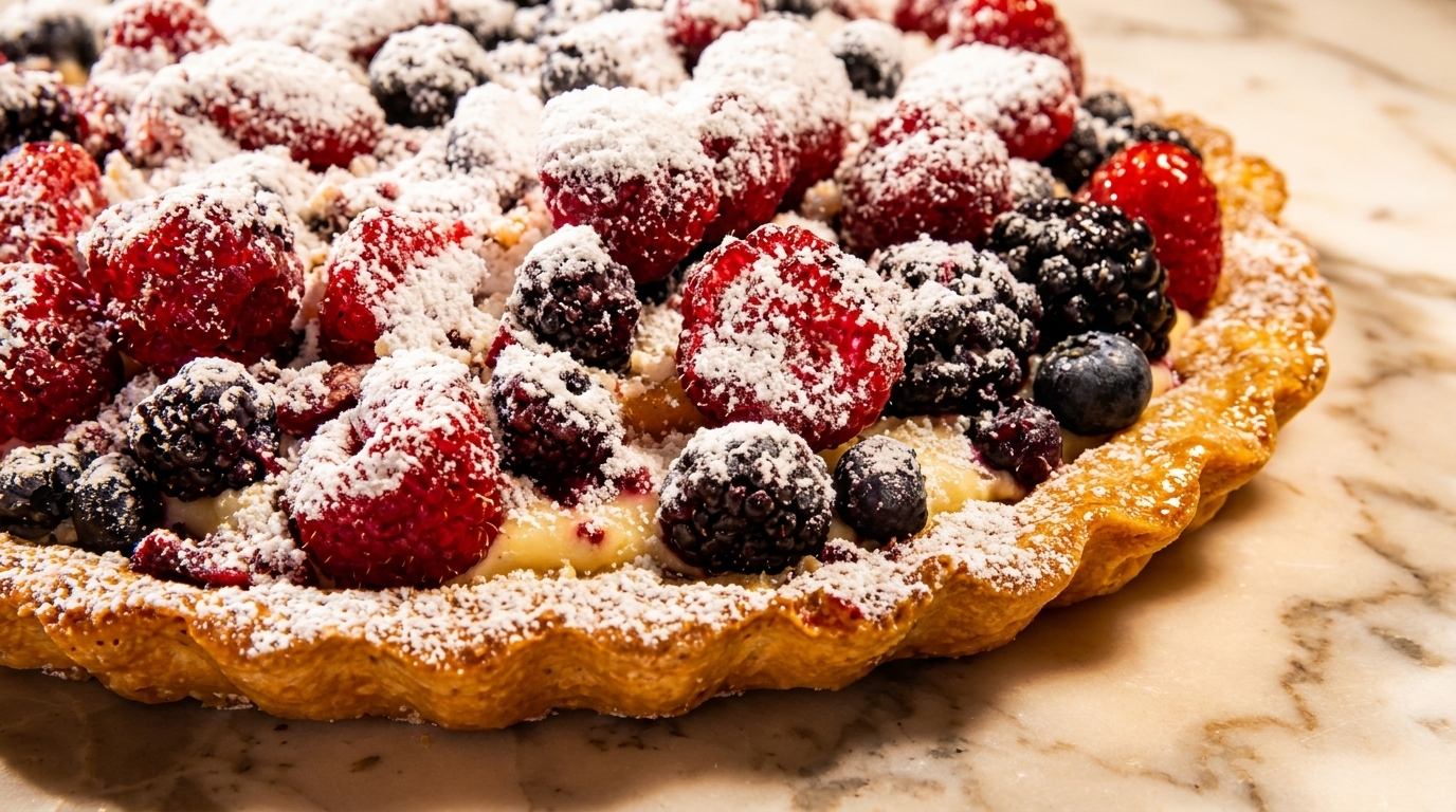 Close-up of a berry tart with raspberries, blueberries, and blackberries, dusted with powdered sugar.