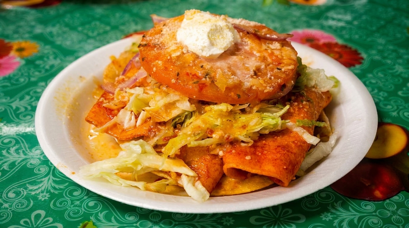 A plate of enchiladas topped with lettuce, red onion, a tomato slice, and sour cream.