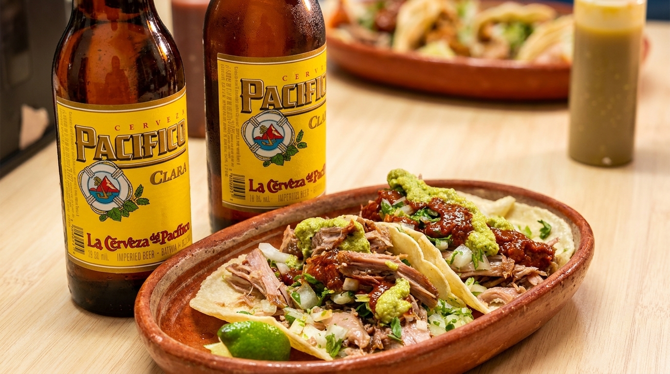 Two Pacifico Clara beers next to a plate of carnitas tacos with salsa and lime.