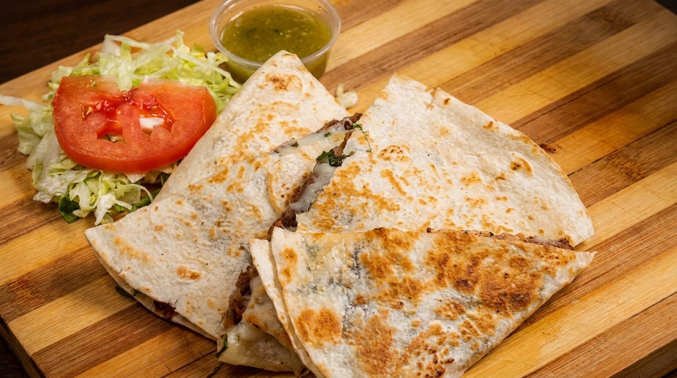 Three quesadilla slices with melted cheese and meat, served with lettuce, tomato, and green salsa.