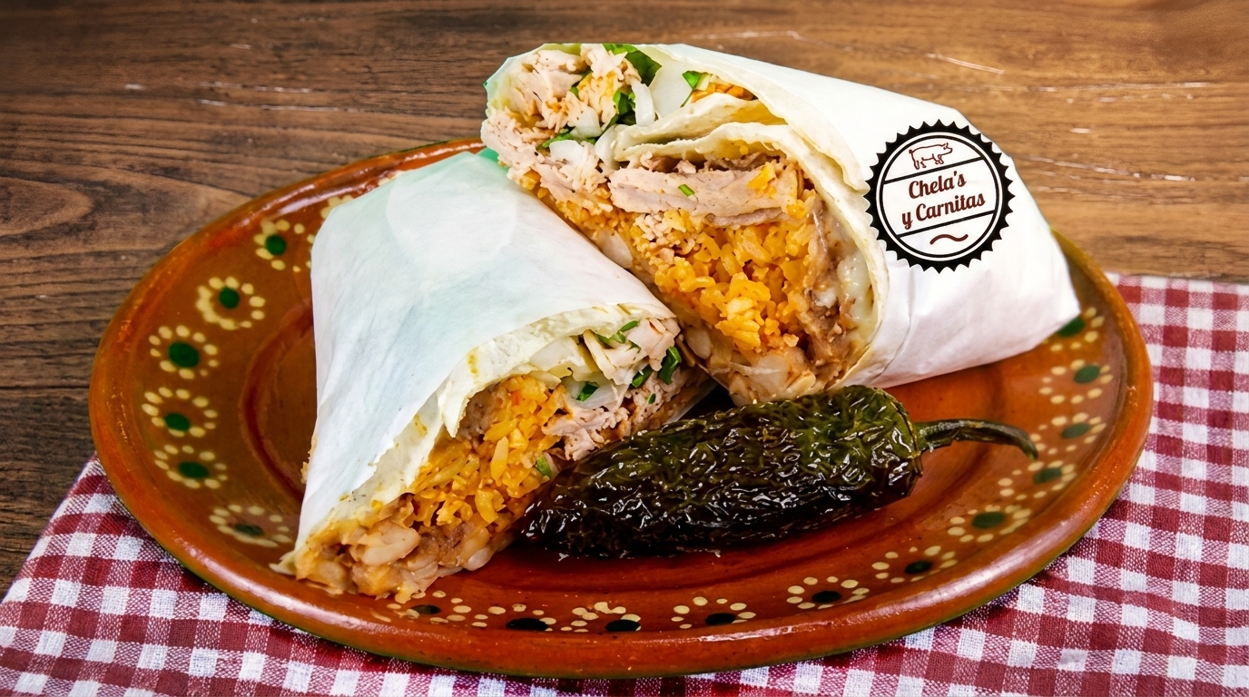 Two Chela's y Carnitas burritos, cut in half, with a roasted jalapeño on a decorative plate.