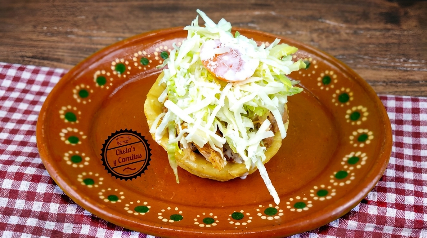 A Chela's y Carnitas sope with shredded meat, lettuce, cream, and tomato on a decorative plate.