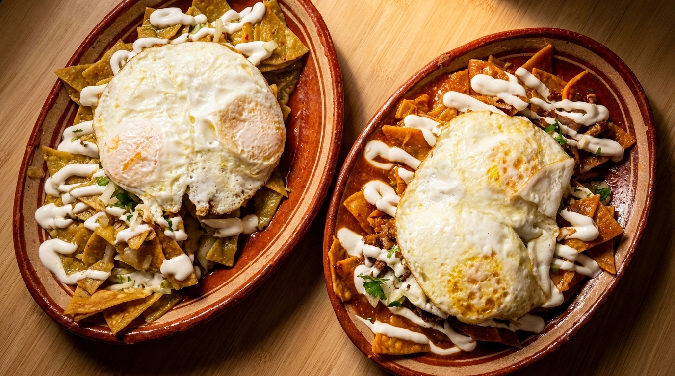 Two plates of chilaquiles, one green and one red, topped with fried eggs and crema.