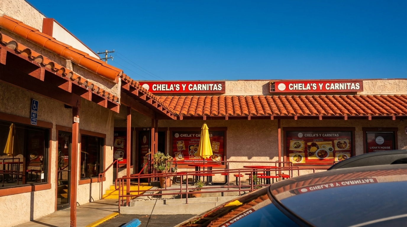 Exterior of Chela's y Carnitas restaurant with red tile roof, outdoor seating, and menu posters.