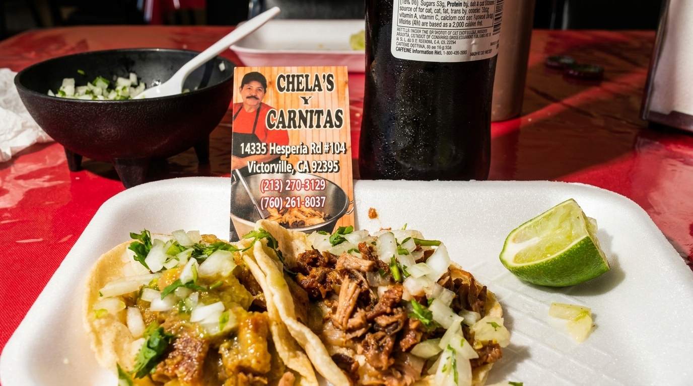 Two Chela's Carnitas tacos with lime, onions, cilantro, and a soda on a red table.