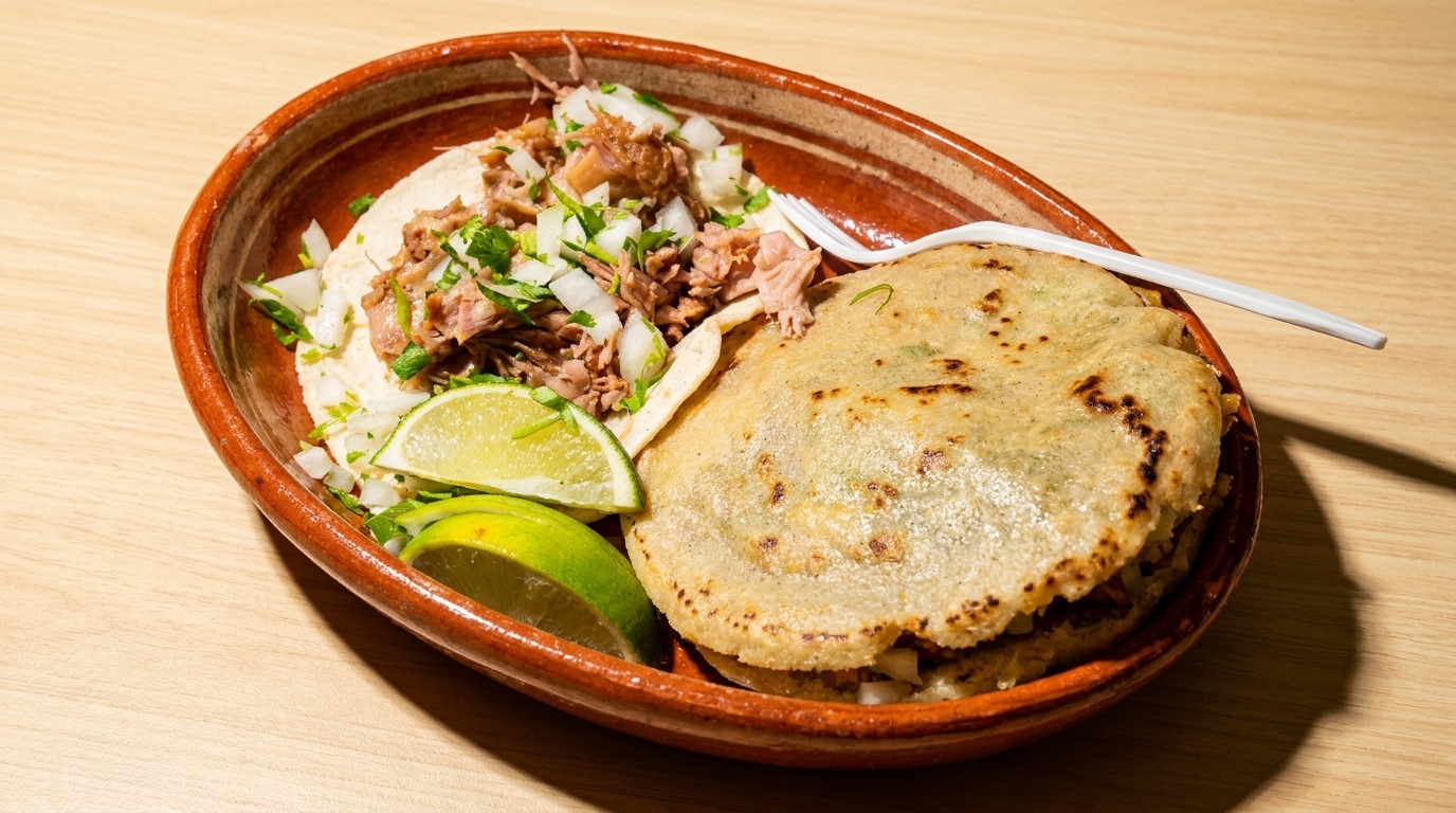 A clay dish holds a carnitas taco with onion, cilantro, lime, and a thick tortilla.