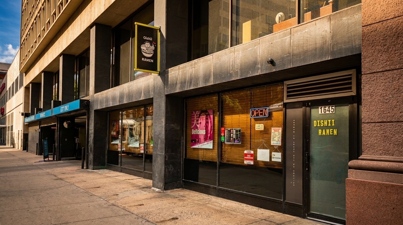 Exterior of Dishii Ramen restaurant with a black and yellow sign, large windows, and an "OPEN" sign.