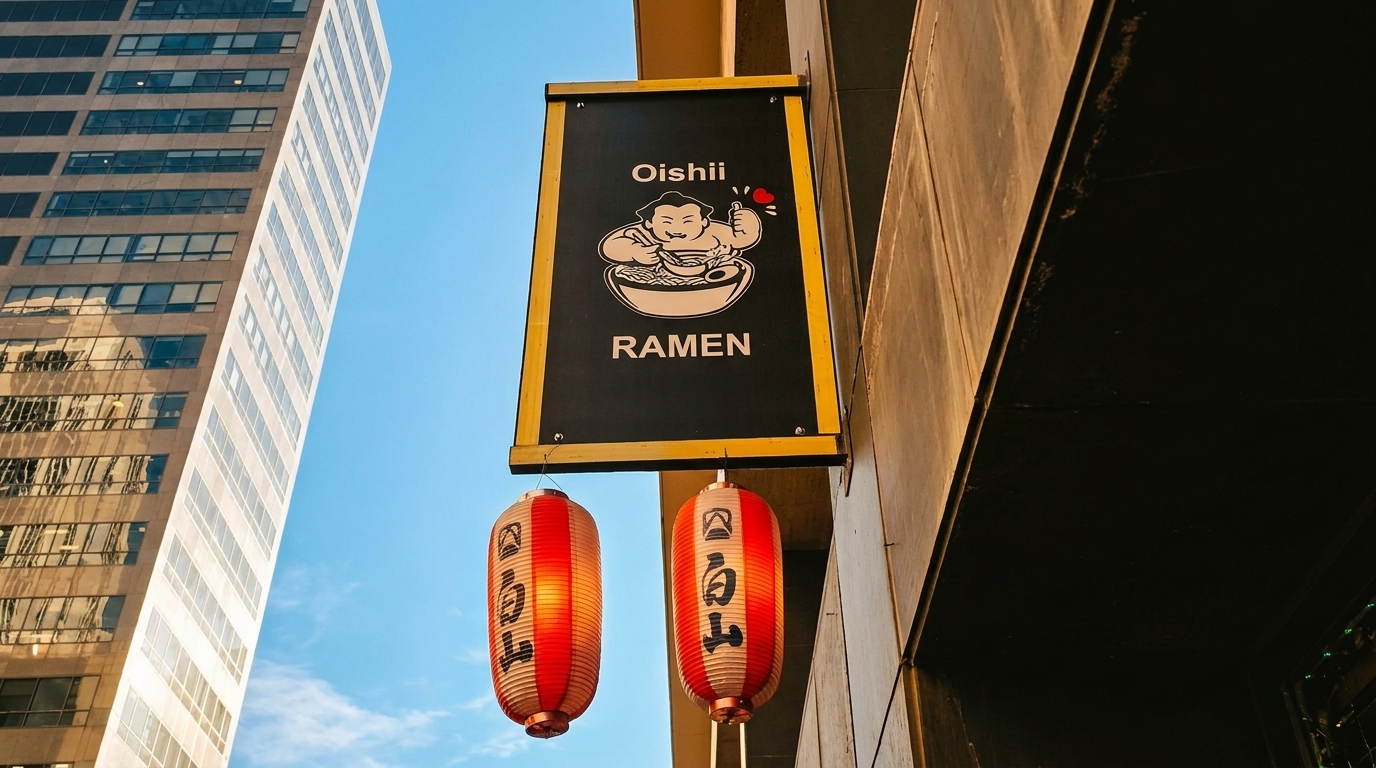 Oishii Ramen sign with a sumo wrestler logo and two red lanterns hanging below it.