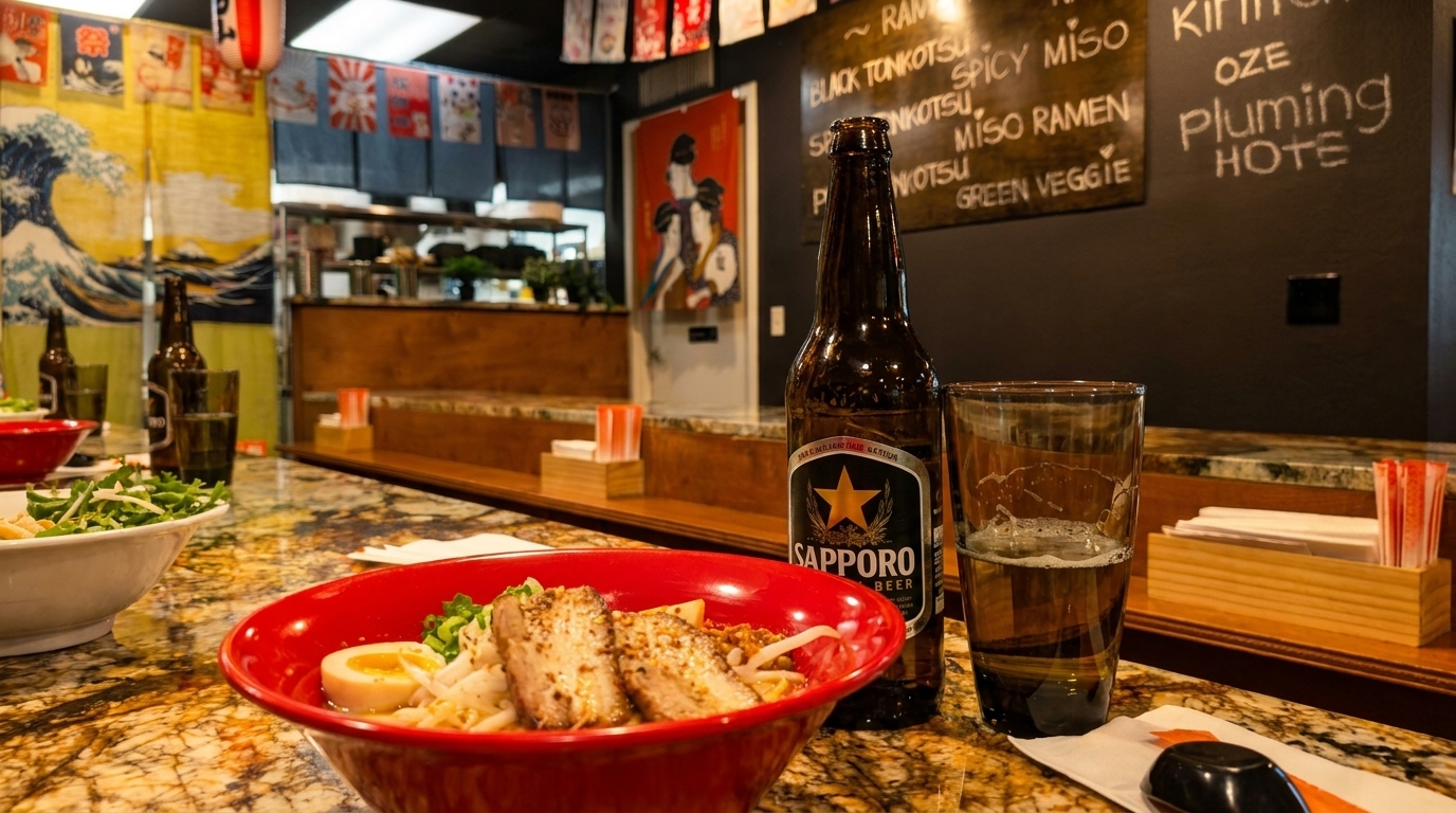 A red bowl of ramen with pork and egg, a Sapporo beer, and a glass of beer on a counter.