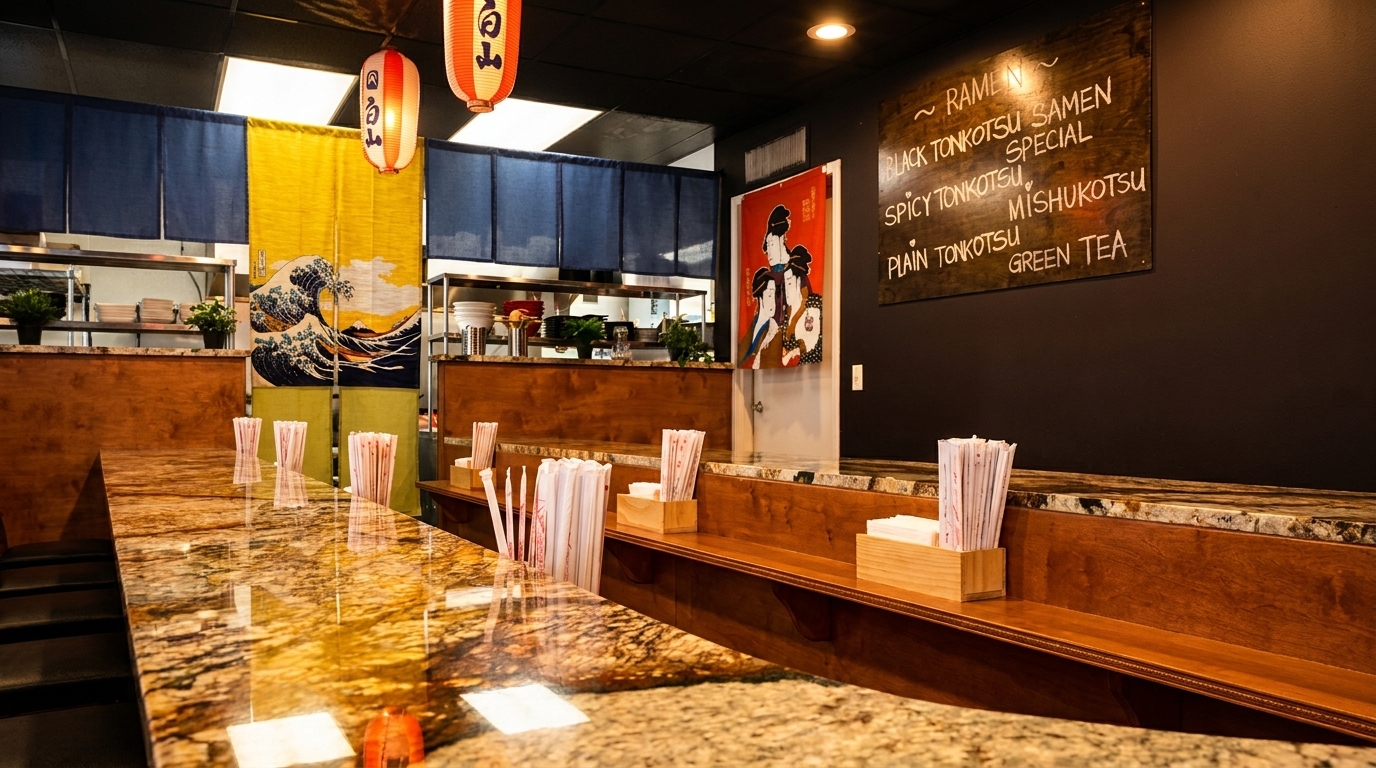 Interior of a ramen restaurant with a long granite counter, Japanese lanterns, and a menu board.