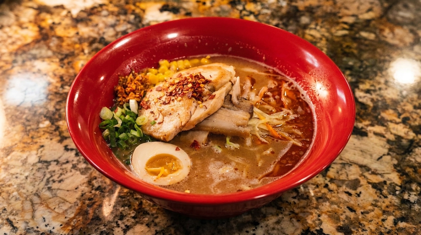 A red bowl of ramen with chicken, pork, corn, scallions, and a soft-boiled egg.