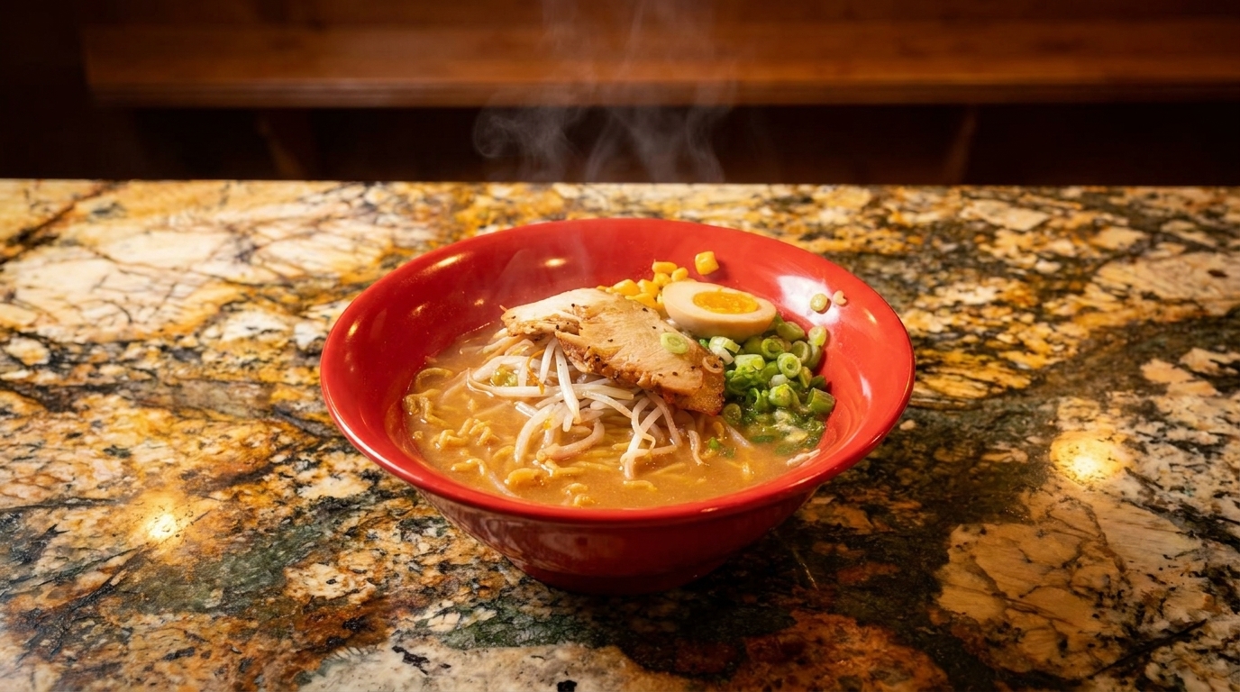 Steaming bowl of ramen with pork, bean sprouts, corn, scallions, and a soft-boiled egg on a granite counter.