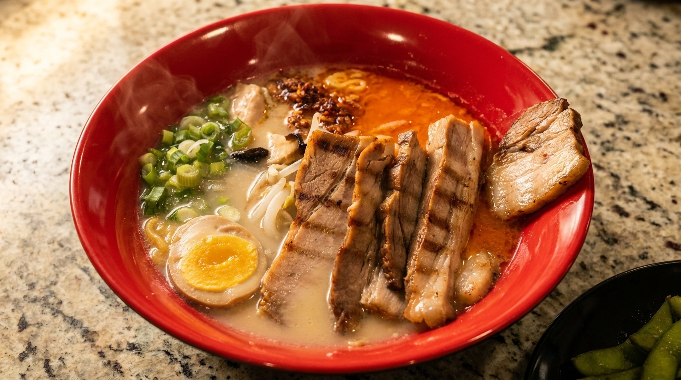 Steaming red bowl of ramen with grilled pork, soft-boiled egg, scallions, and chili oil.