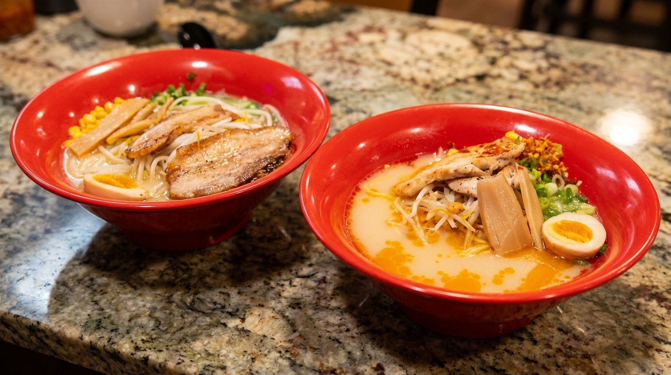 Two red bowls of ramen with various toppings, including pork, chicken, corn, and eggs.