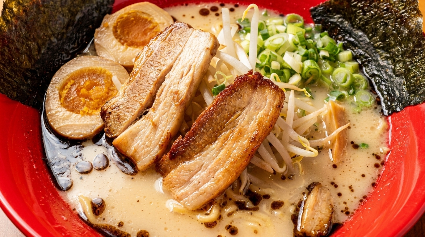 Close-up of a ramen bowl with pork belly, soft-boiled eggs, green onions, and nori.