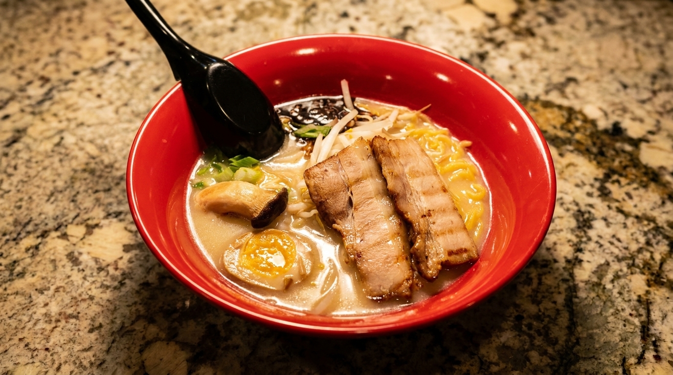 A red bowl of ramen with pork belly, egg, mushrooms, and noodles on a granite countertop.