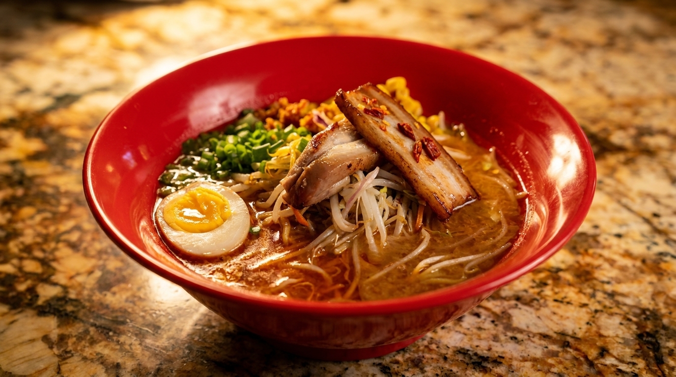 A vibrant red bowl of ramen with pork belly, a soft-boiled egg, and green onions.