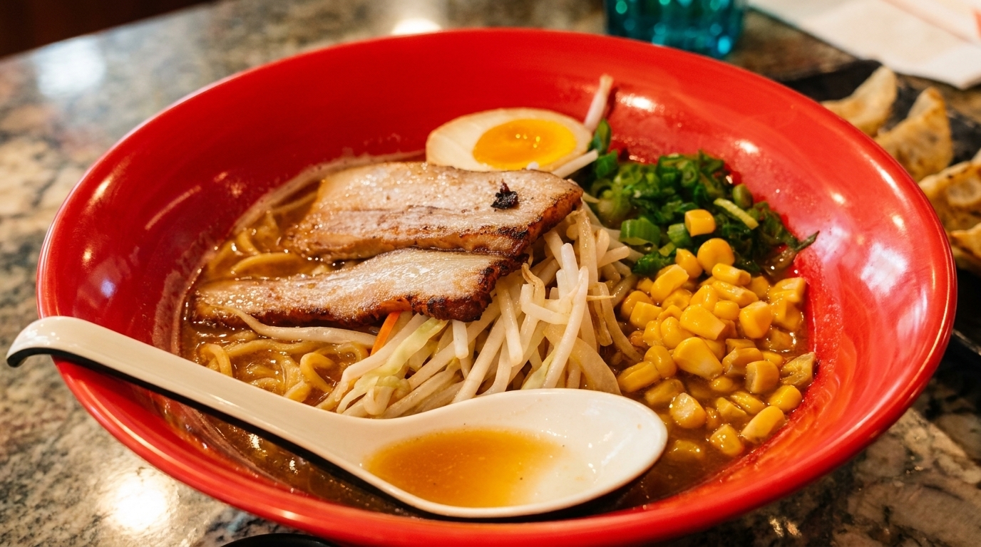 A vibrant red bowl of ramen with pork belly, corn, green onions, bean sprouts, and a soft-boiled egg.