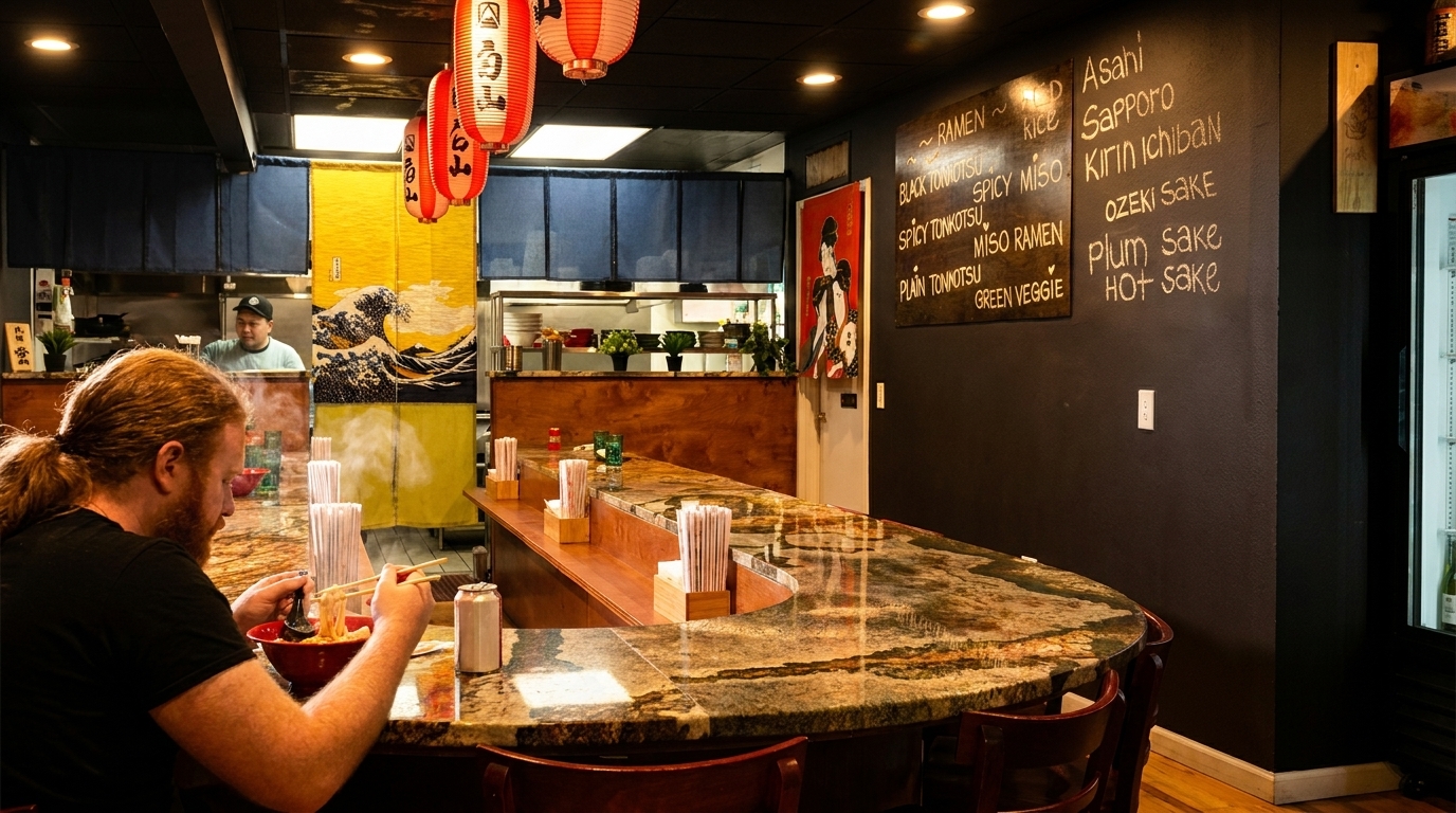 A man eating ramen at a curved counter in a Japanese restaurant with a chef in the background.