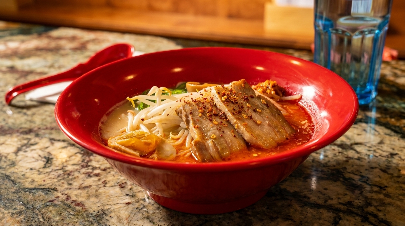 Spicy ramen with pork belly, bean sprouts, and chili flakes in a red bowl on a granite counter.
