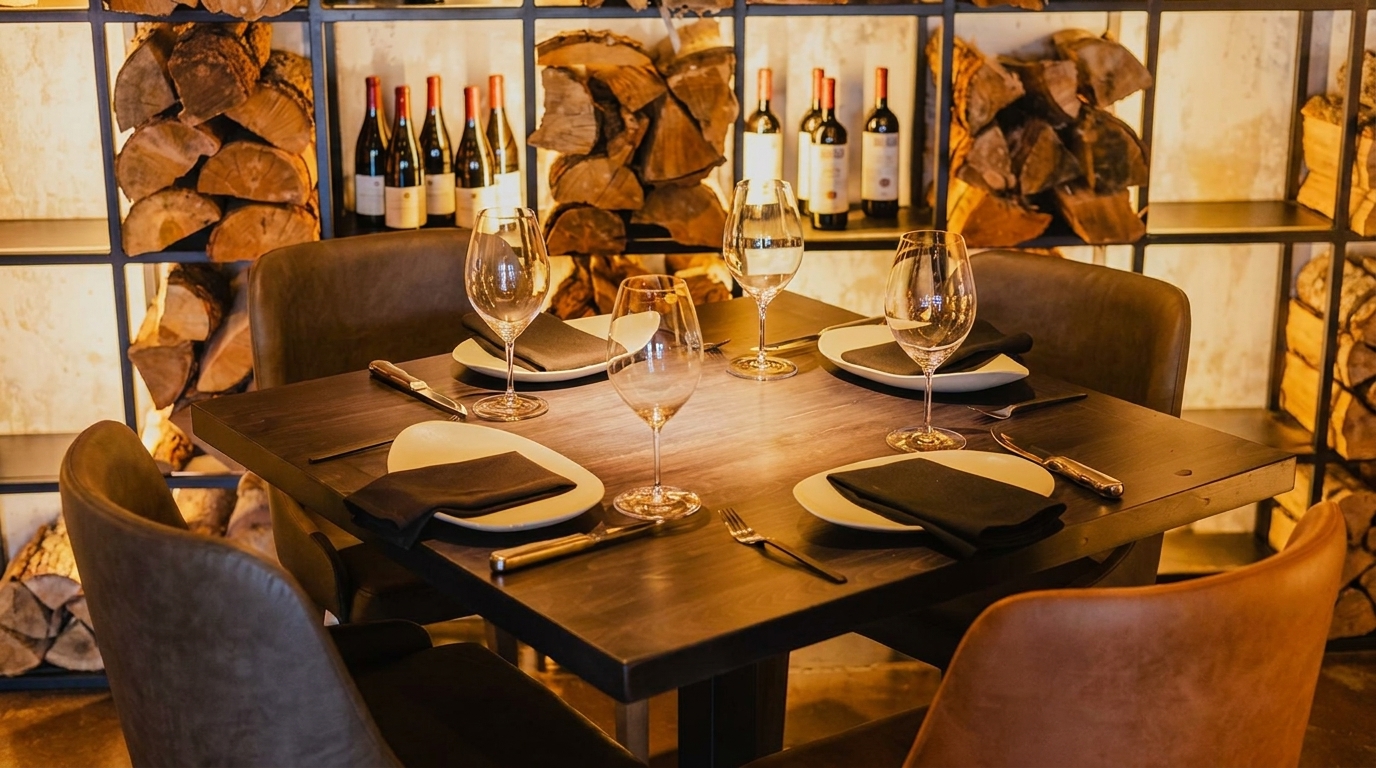 Set dining table with wine glasses and plates, against a backdrop of stacked firewood and wine bottles.
