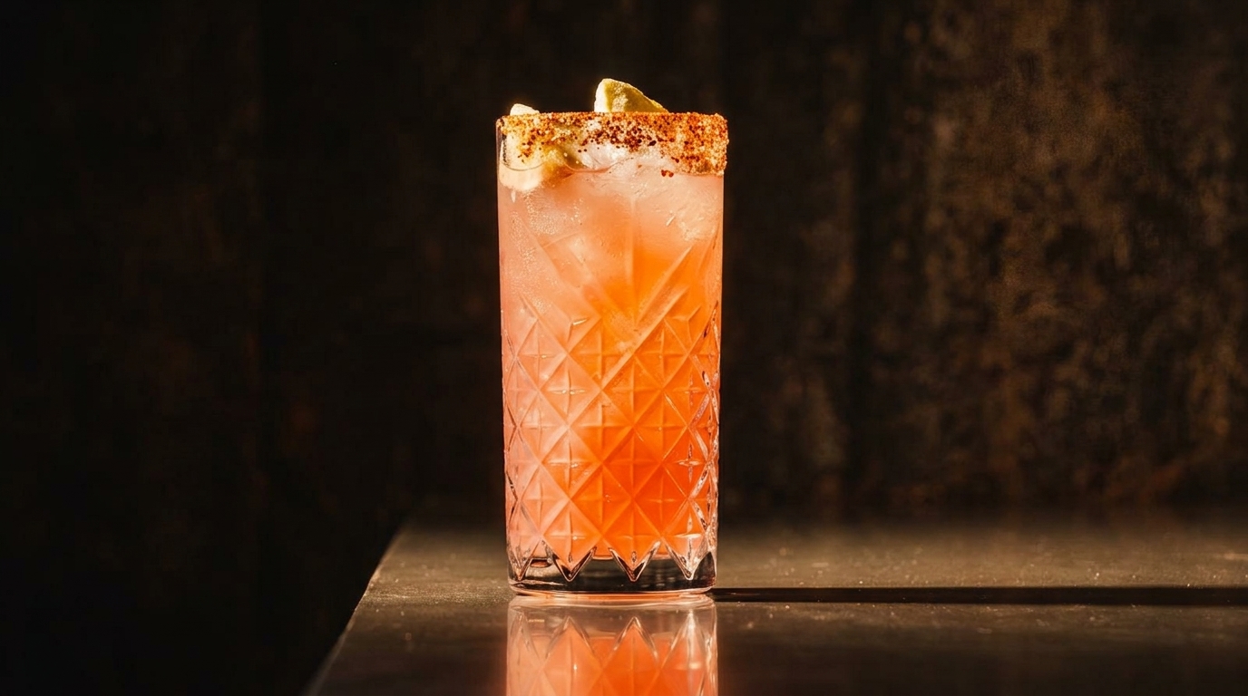 A vibrant pink cocktail in a textured glass, garnished with lime and a chili-salt rim.