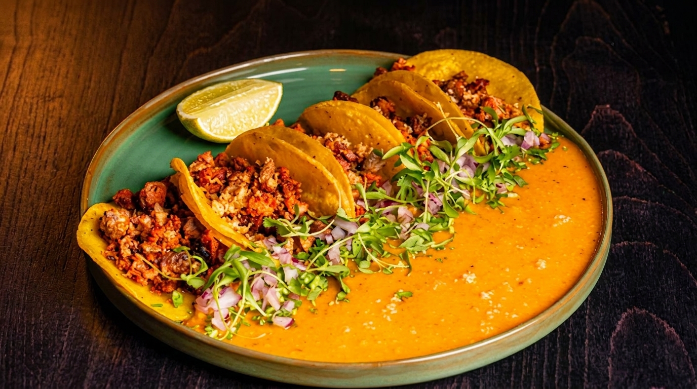 Four tacos with meat, onions, and greens, served on a green plate with orange sauce and a lime wedge.