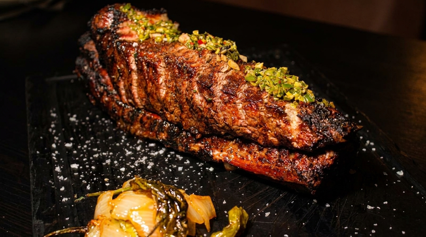 Grilled steak with green relish and coarse salt on a dark serving board with roasted vegetables.