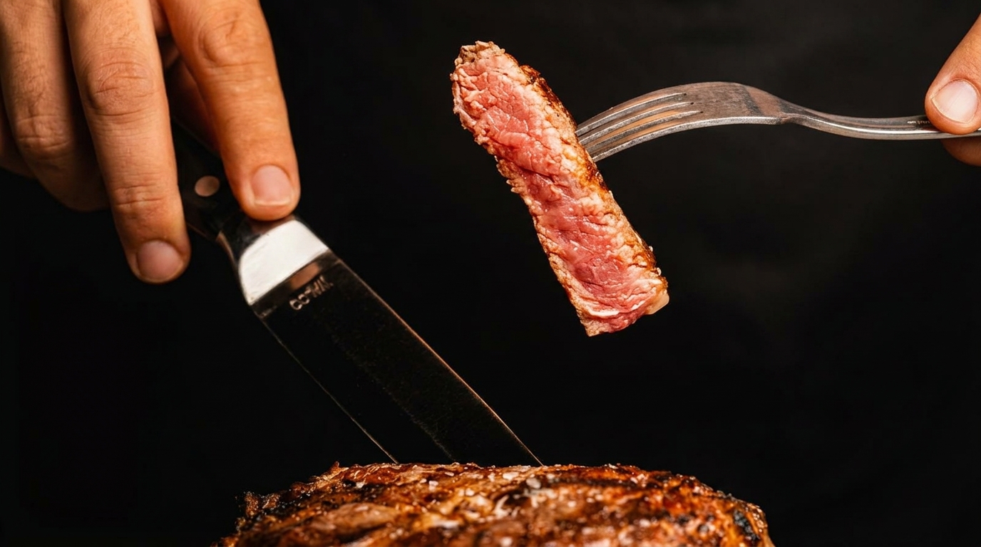 Hands cutting a perfectly cooked steak, with a juicy, medium-rare slice held up by a fork.