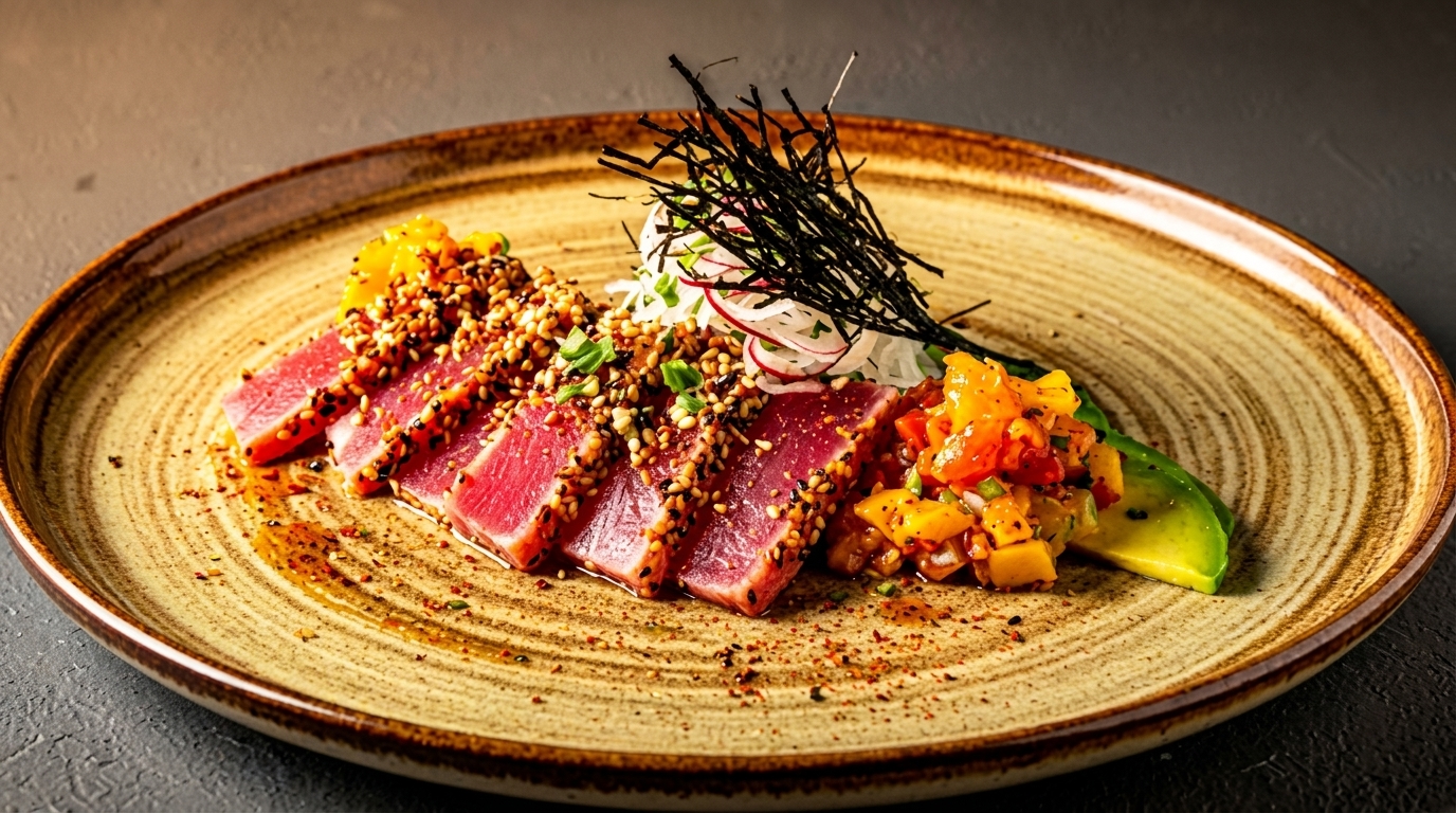 Seared tuna slices with sesame seeds, mango salsa, avocado, and seaweed on a rustic plate.