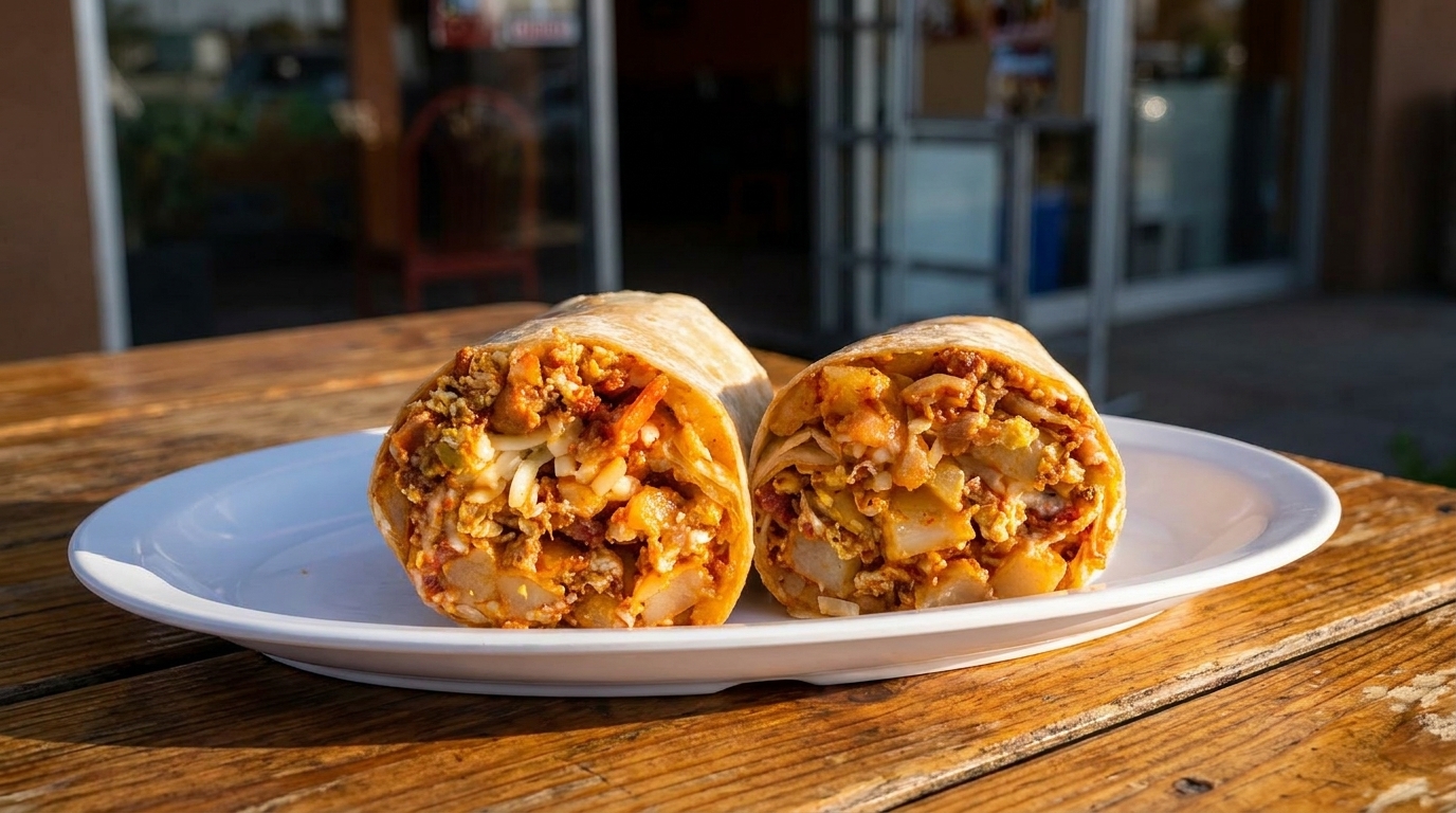 Two halves of a breakfast burrito filled with eggs, potatoes, and chorizo on a white plate.