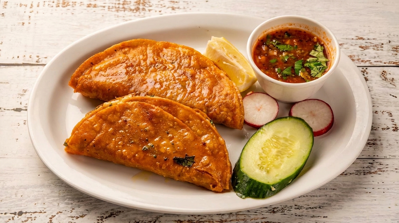 Two golden-brown fried tacos with a side of salsa, lemon, cucumber, and radishes on a white plate.