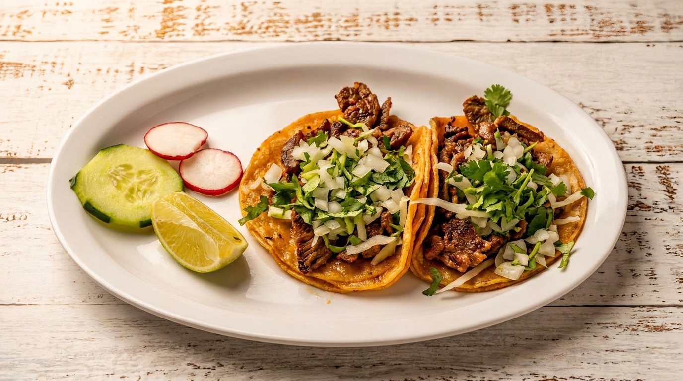 Two carne asada tacos with cilantro, onions, lime, cucumber, and radishes on a white plate.