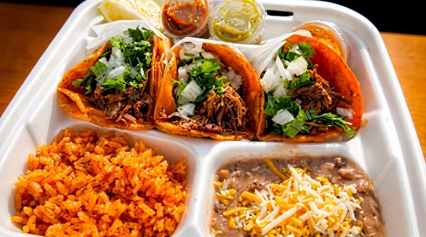Three birria tacos with cilantro and onions, rice, and refried beans with cheese in a takeout container.