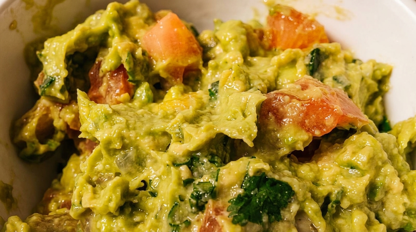 Close-up of chunky guacamole with visible pieces of avocado, tomato, and cilantro in a white bowl.