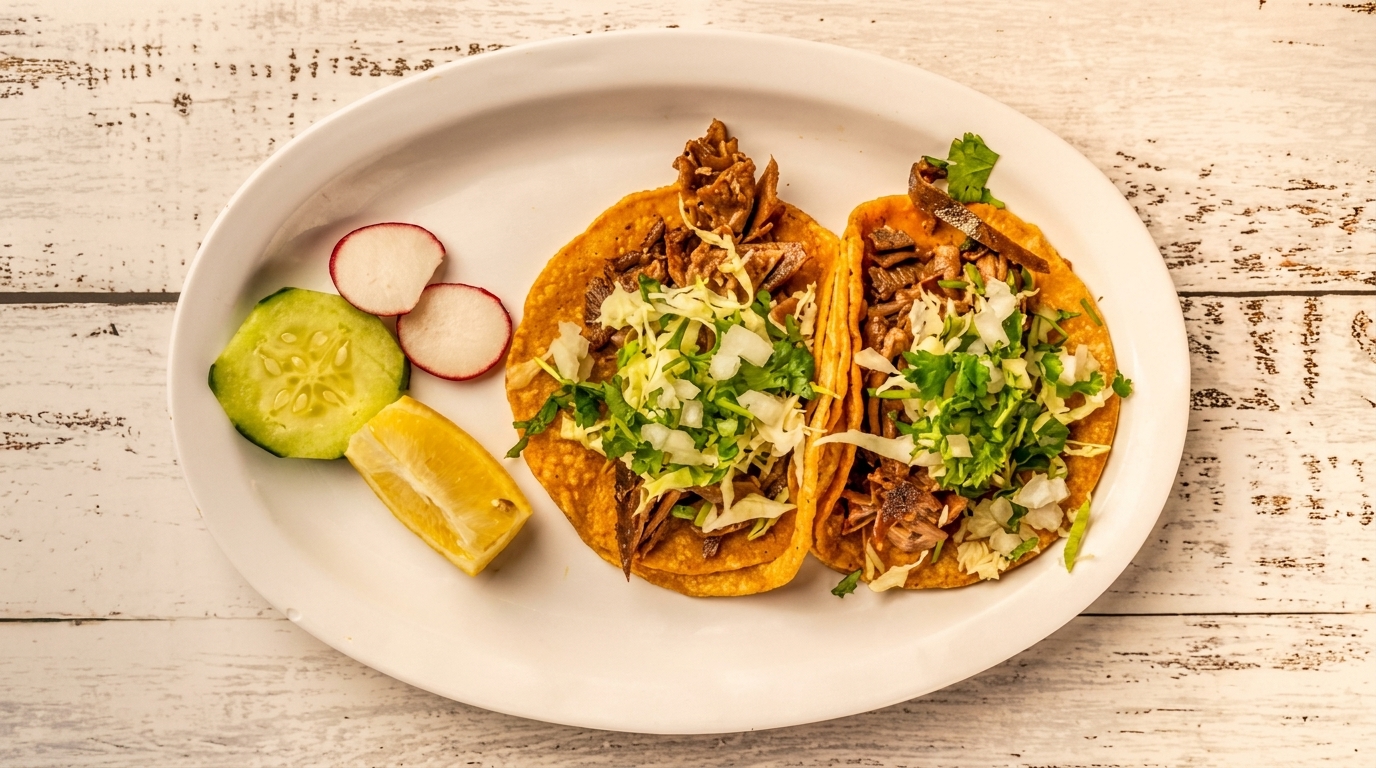Two street tacos with meat, cabbage, and cilantro, served with cucumber, radish, and lemon.